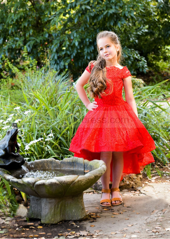 Off Shoulder Red Lace Tea Length Flower Girl Dress High Low Dress